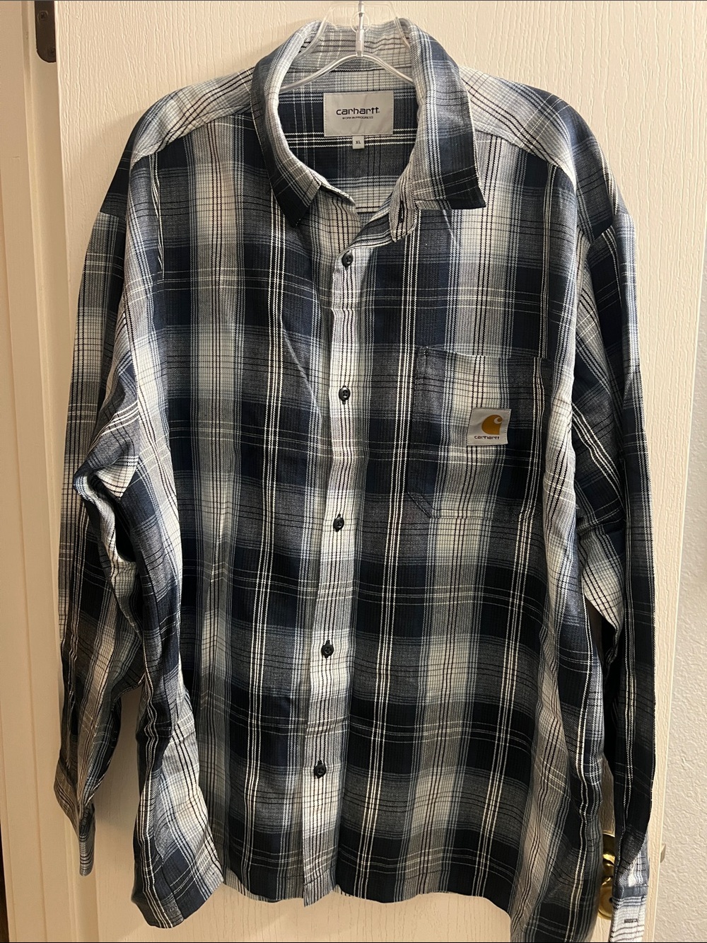 Carhartt Men’s Navy and White Plaid Button-Up Shirt